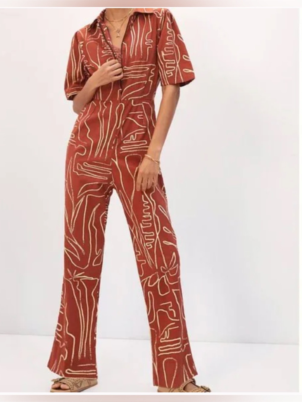 Bel Kazan - Kami Jumpsuit - Rust Abstract-Print Wide-Leg Jumpsuit - XS